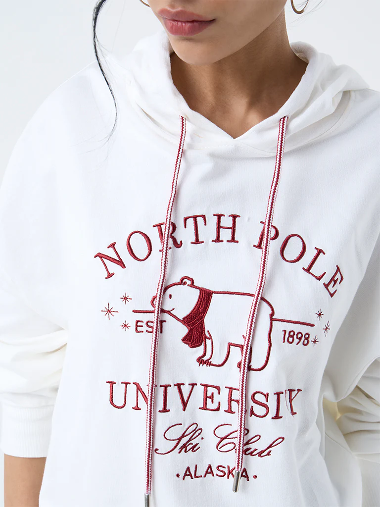 Nuon White Embroidered Cotton Hoodie - Image 3