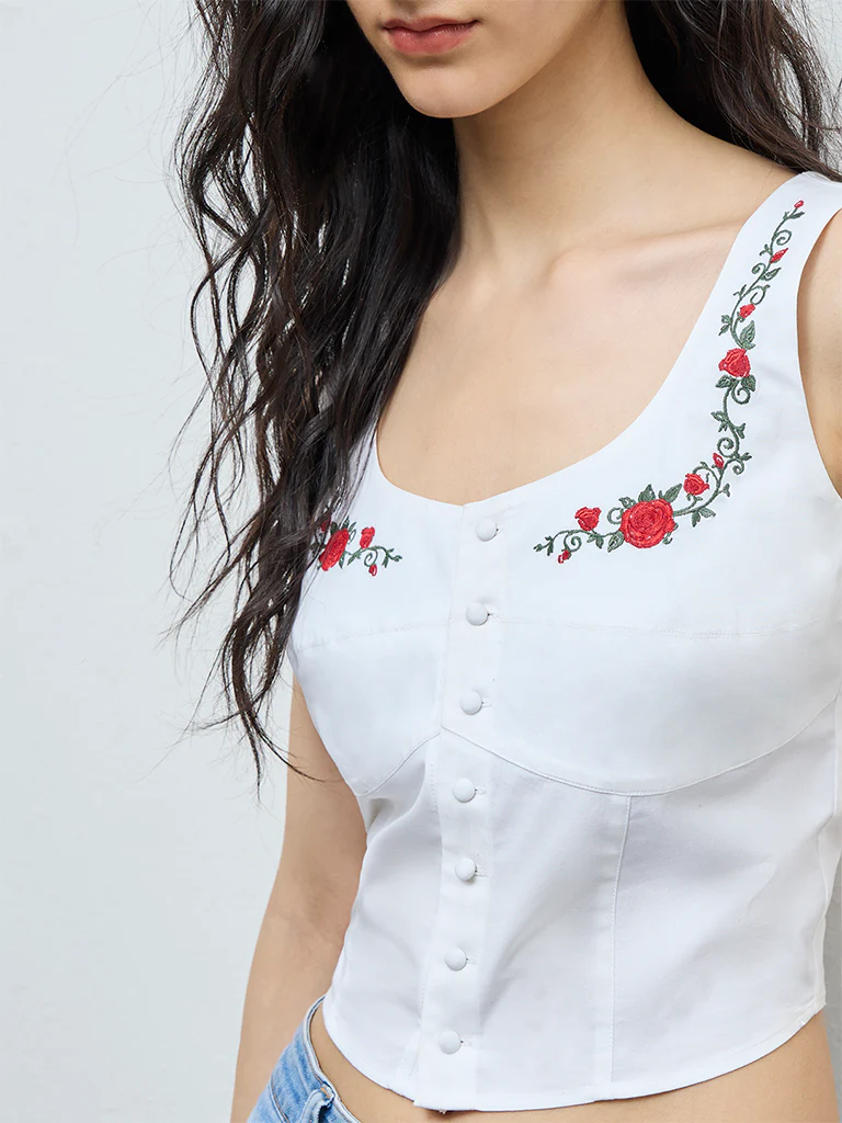 Nuon White Floral Embroidered Cotton Top - Image 3