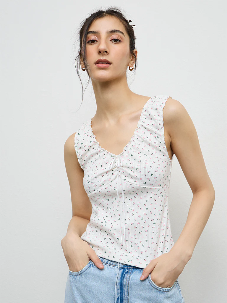 Nuon White Floral Printed Cotton-Blend Tank Top