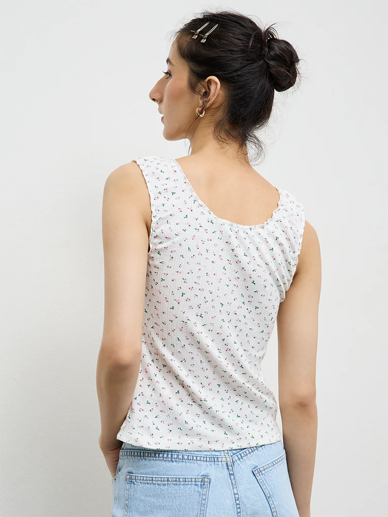 Nuon White Floral Printed Cotton-Blend Tank Top - Image 4