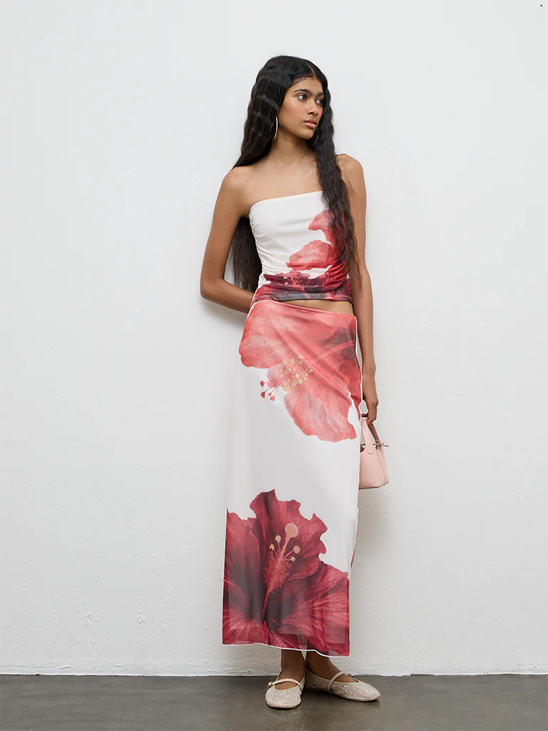 Nuon White Floral Printed Ruched Tube Top