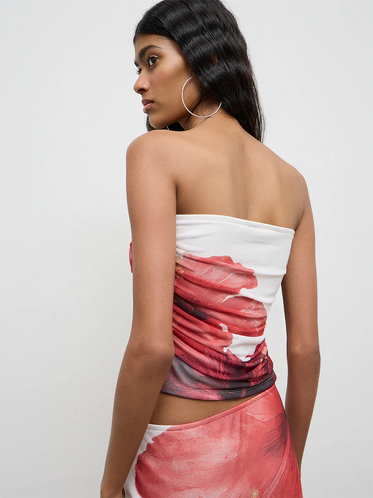 Nuon White Floral Printed Ruched Tube Top - Image 4