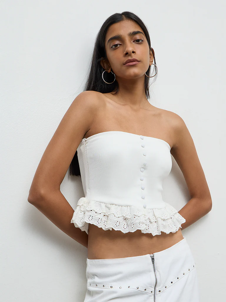 Nuon White Frill-Detailed Cotton-Blend Tube Top - Image 2