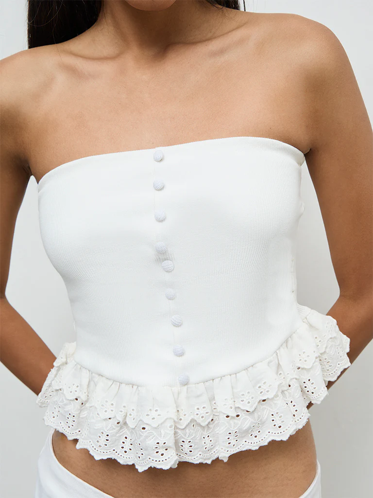 Nuon White Frill-Detailed Cotton-Blend Tube Top - Image 3