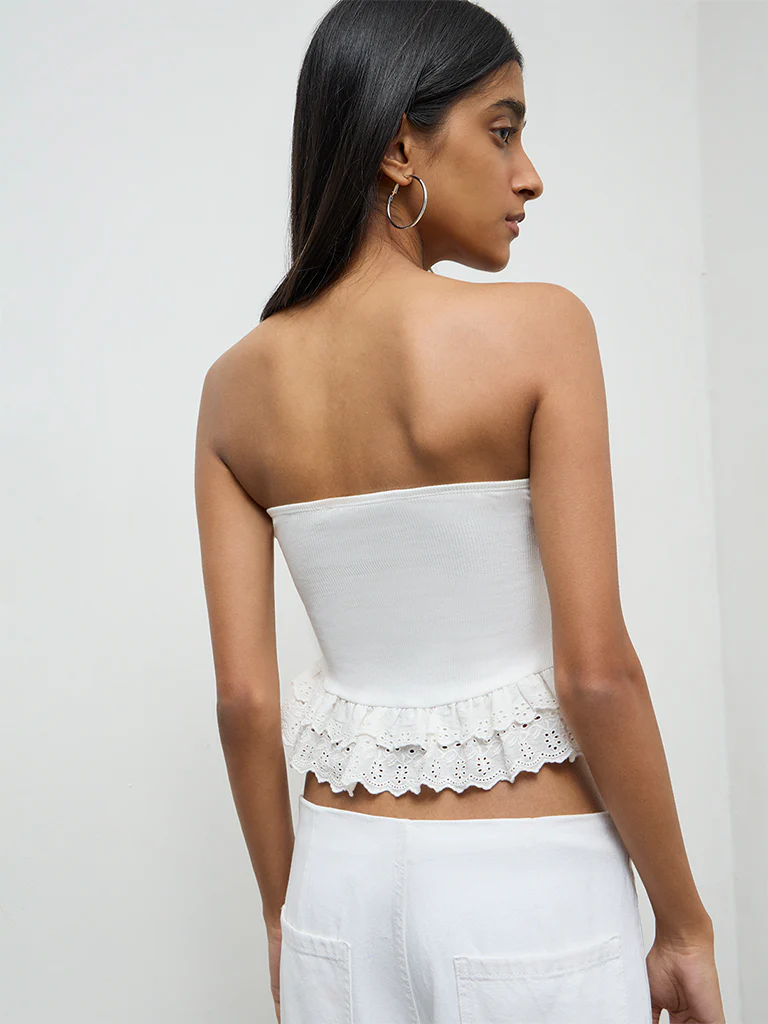 Nuon White Frill-Detailed Cotton-Blend Tube Top - Image 4