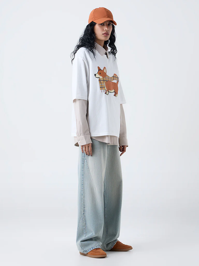 Nuon White Graphic Design Oversized Cotton T-Shirt - Image 2