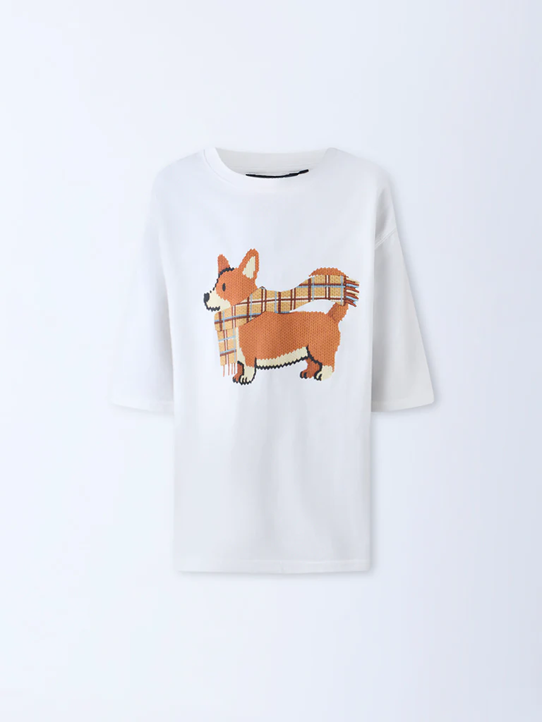 Nuon White Graphic Design Oversized Cotton T-Shirt - Image 5