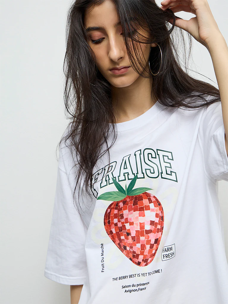 Nuon White Graphic Printed Cotton T-Shirt - Image 3