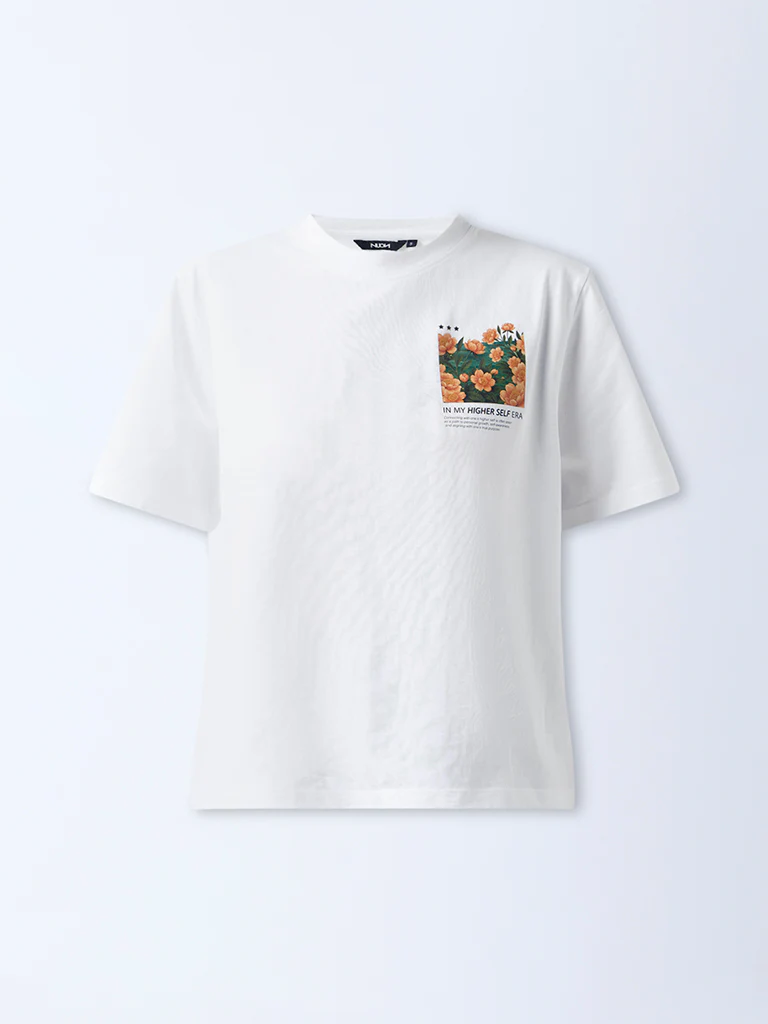 Nuon White Graphic Printed Cotton T-Shirt - Image 5