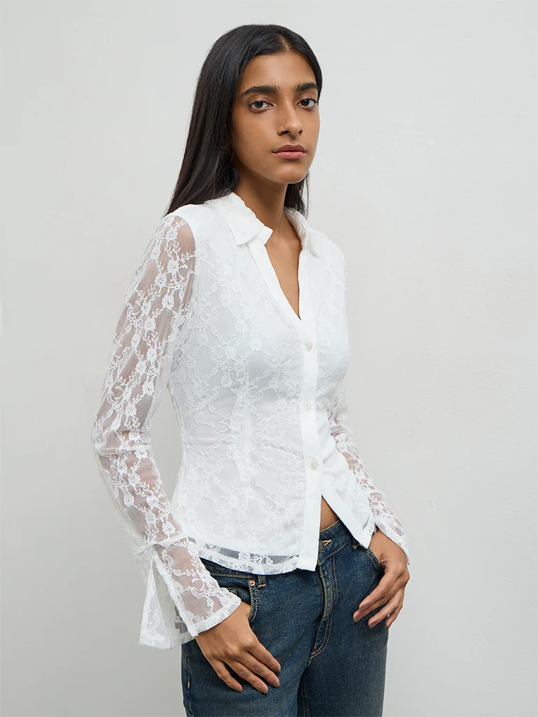 Nuon White Lace-Textured Shirt - Image 2
