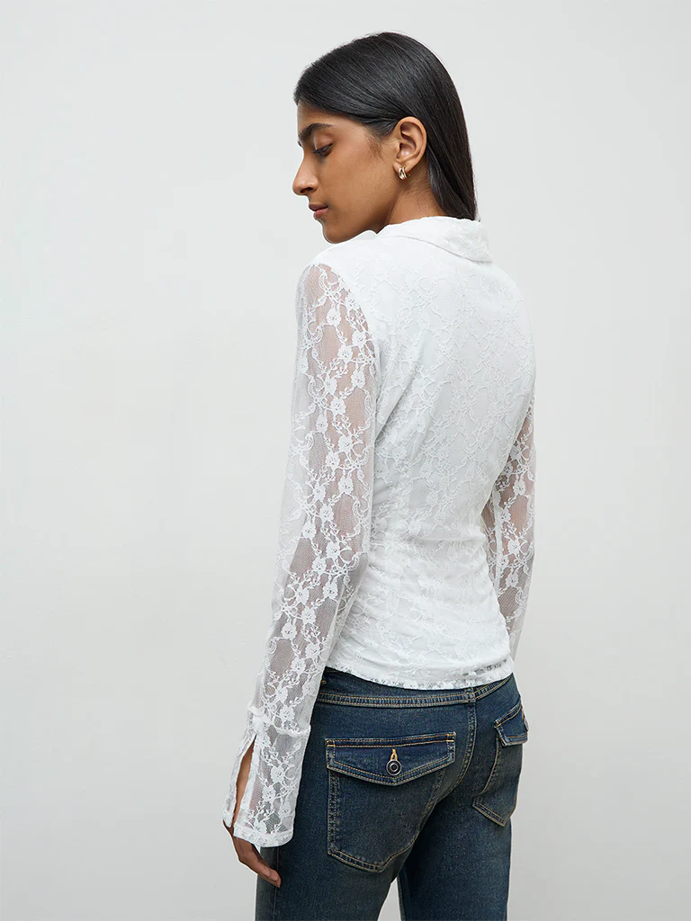 Nuon White Lace-Textured Shirt - Image 4