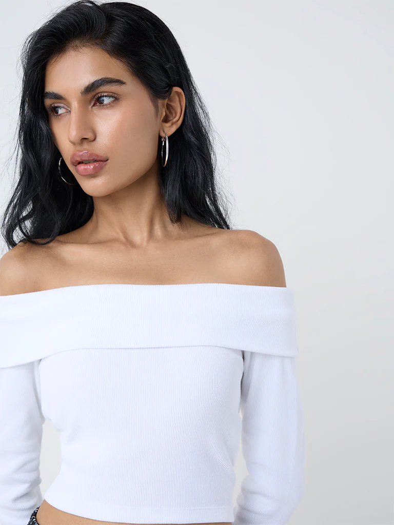Nuon White Off-Shoulder Ribbed Cotton-Blend Top - Image 3