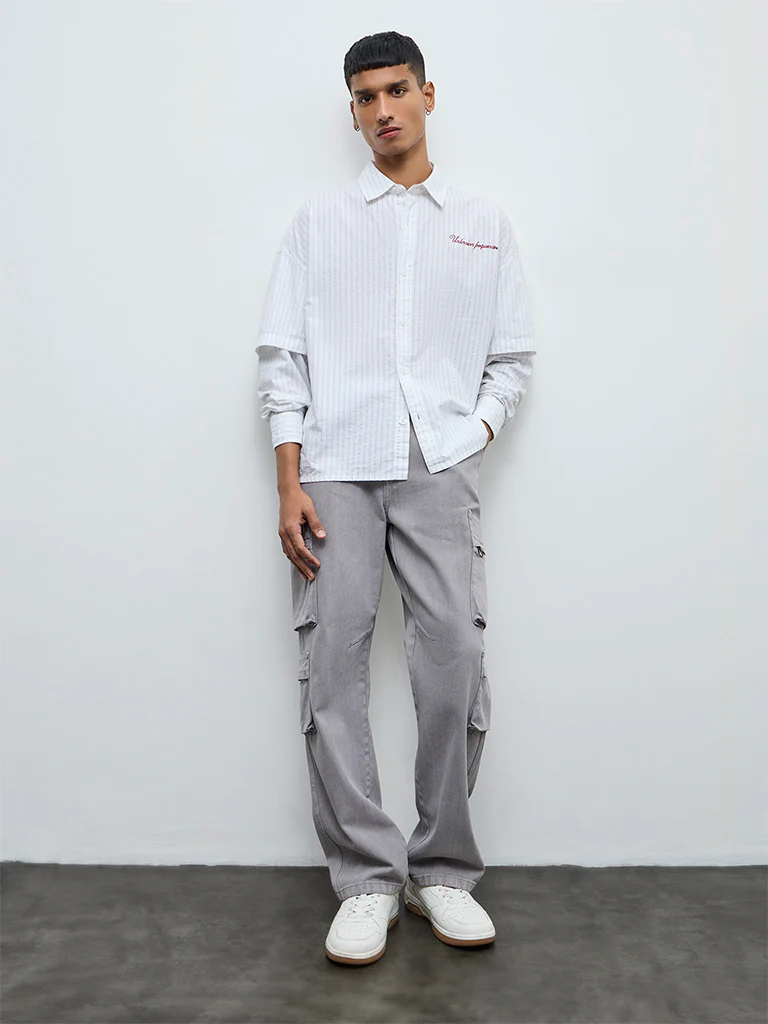 Nuon White Pinstriped Relaxed Fit Cotton Shirt - Image 2