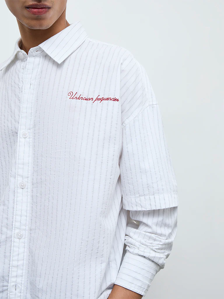 Nuon White Pinstriped Relaxed Fit Cotton Shirt - Image 3