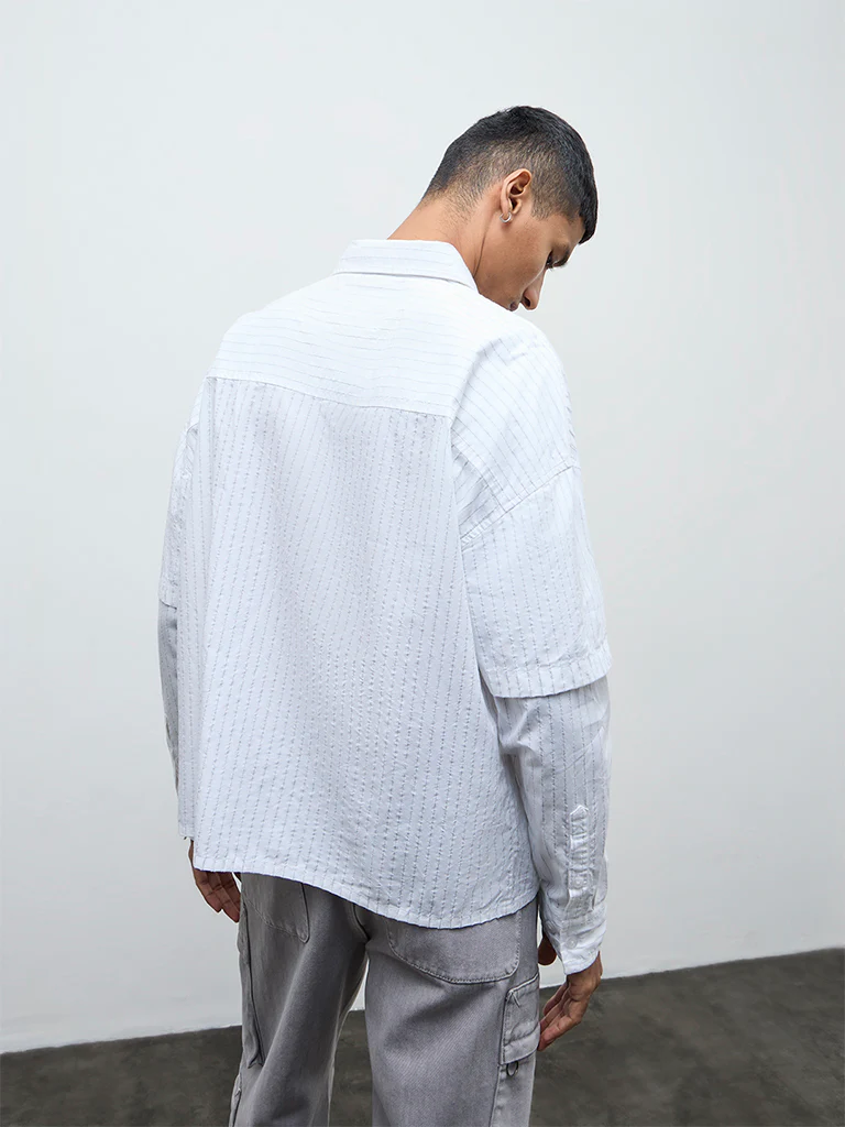 Nuon White Pinstriped Relaxed Fit Cotton Shirt - Image 4
