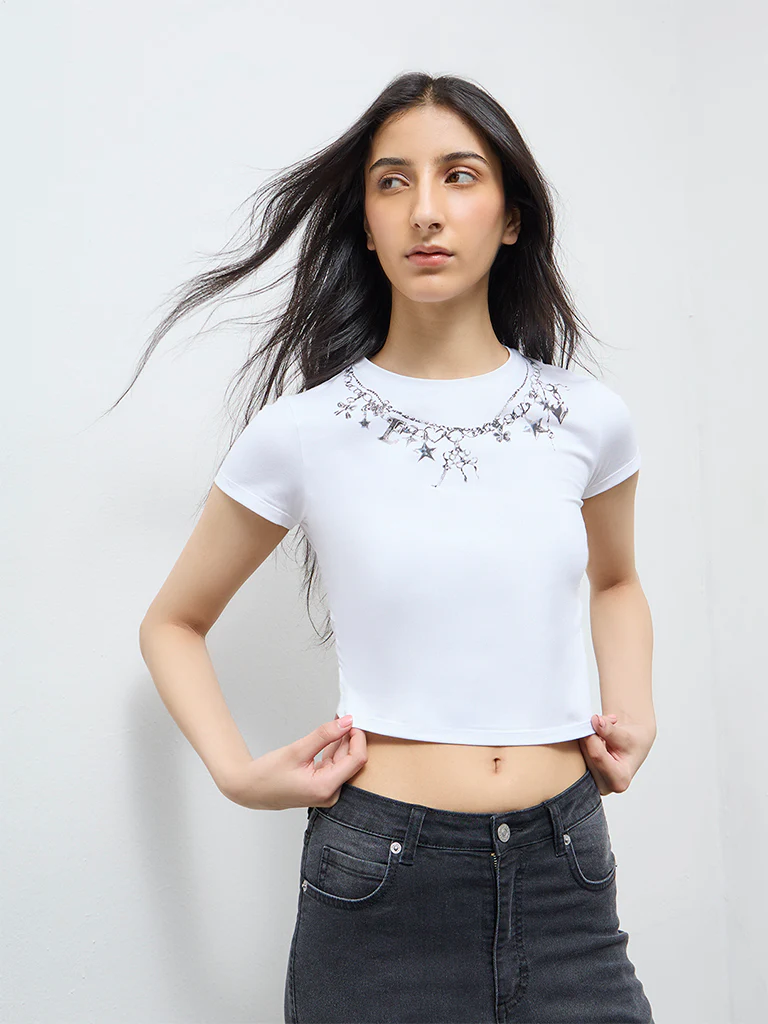 Nuon White Printed Cotton-Blend T-Shirt - Image 2