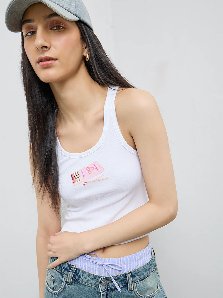 Nuon White Printed Cotton-Blend Tank Top