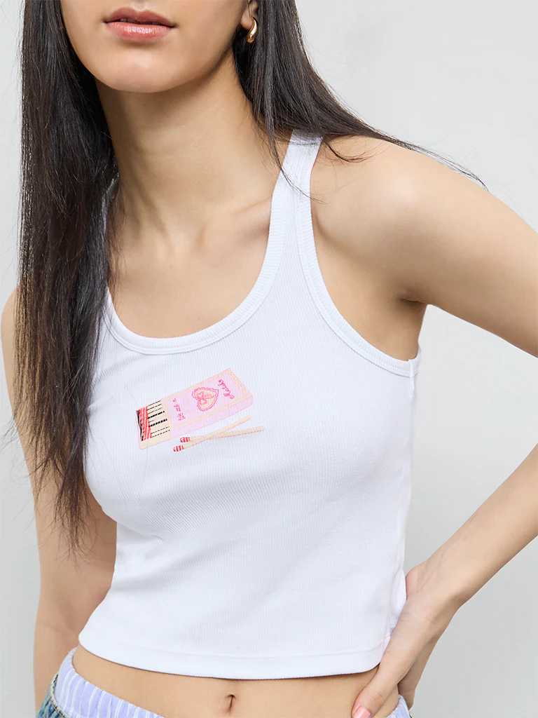 Nuon White Printed Cotton-Blend Tank Top - Image 3