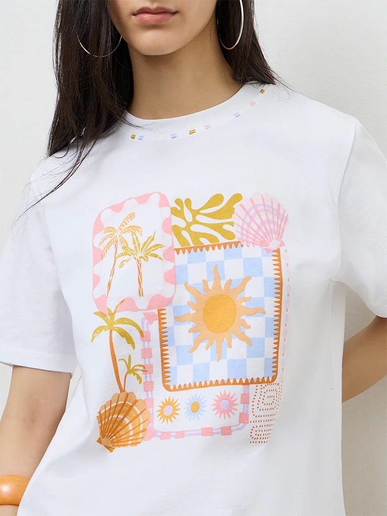 Nuon White Printed Cotton T-Shirt - Image 3