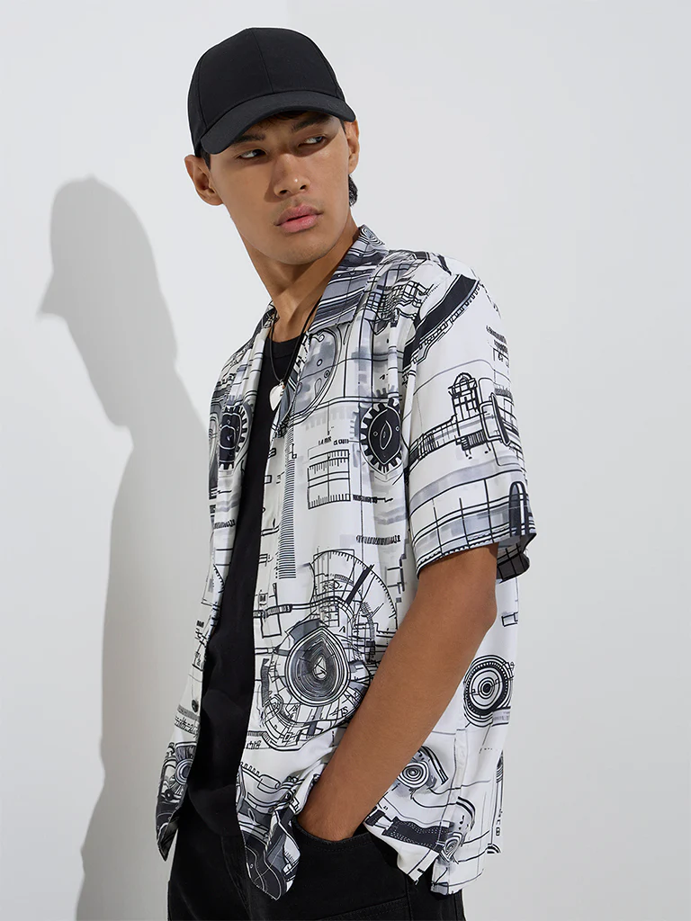 Nuon White Printed Relaxed-Fit Shirt