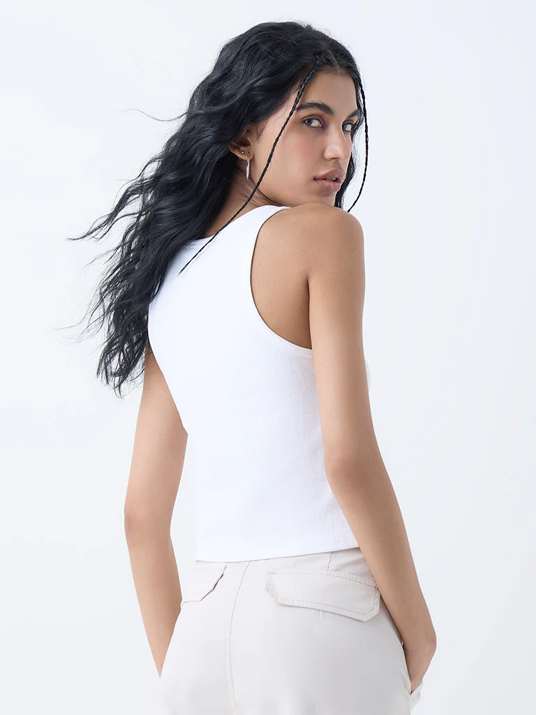 Nuon White Ribbed Cotton-Blend Tank Top - Image 4