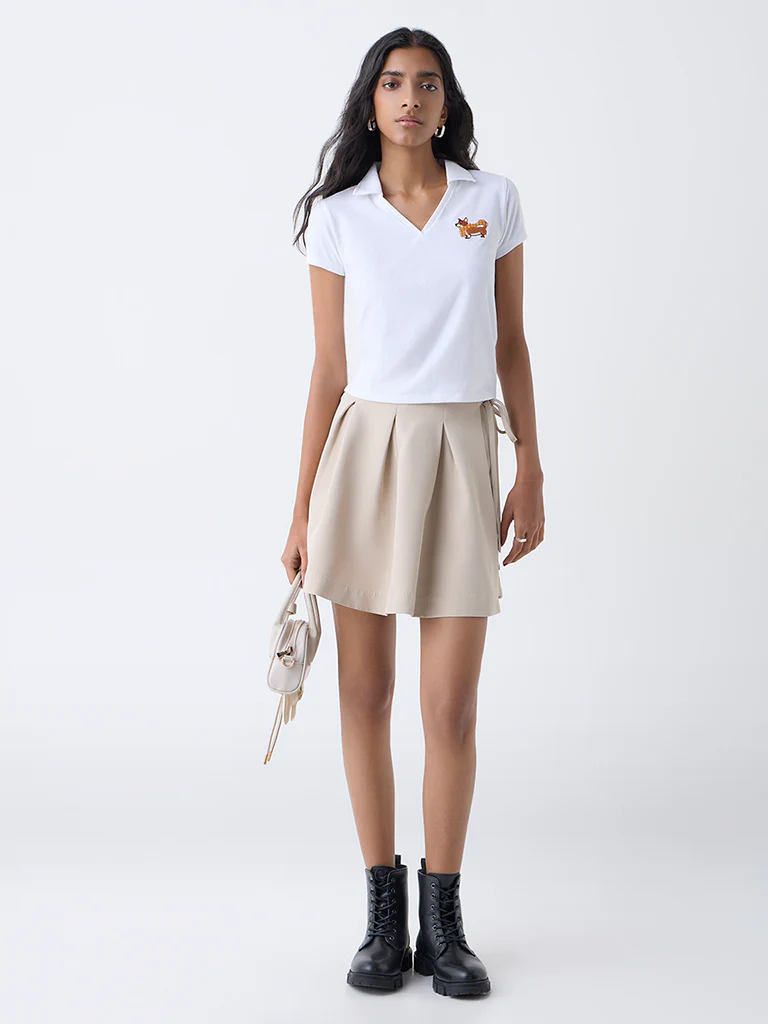 Nuon White Ribbed Cotton-Blend Top