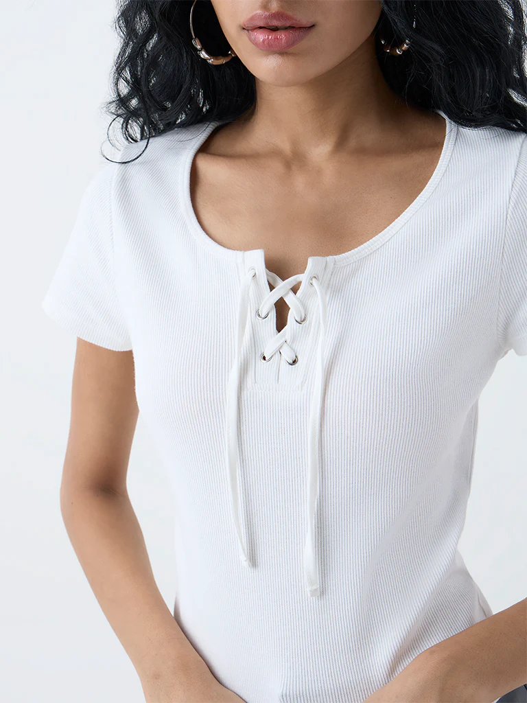 Nuon White Ribbed Criss-Cross Design Top - Image 3