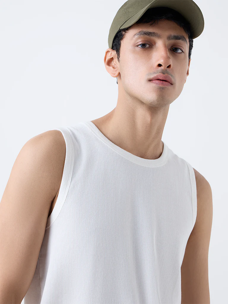 Nuon White Ribbed Slim-Fit Cotton-Blend T-Shirt - Image 4