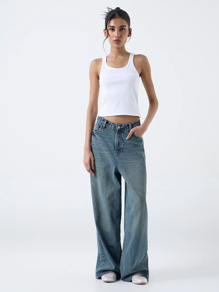 Nuon White Ribbed Tank Cotton-Blend Top - Image 2