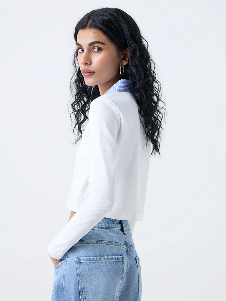 Nuon White Ribbed-Textured Cotton-Blend T-Shirt - Image 4