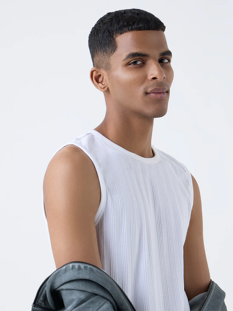 Nuon White Ribbed-Textured Slim-Fit Cotton-Blend T-Shirt - Image 4