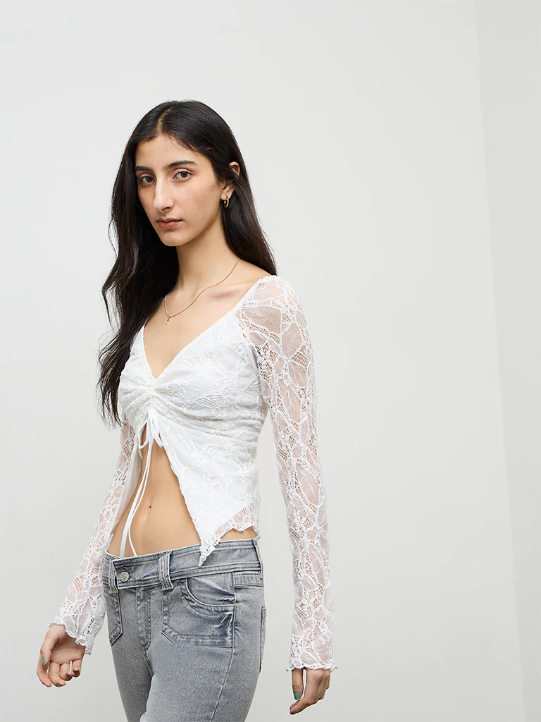 Nuon White Ruched-Detail Lace Top - Image 2