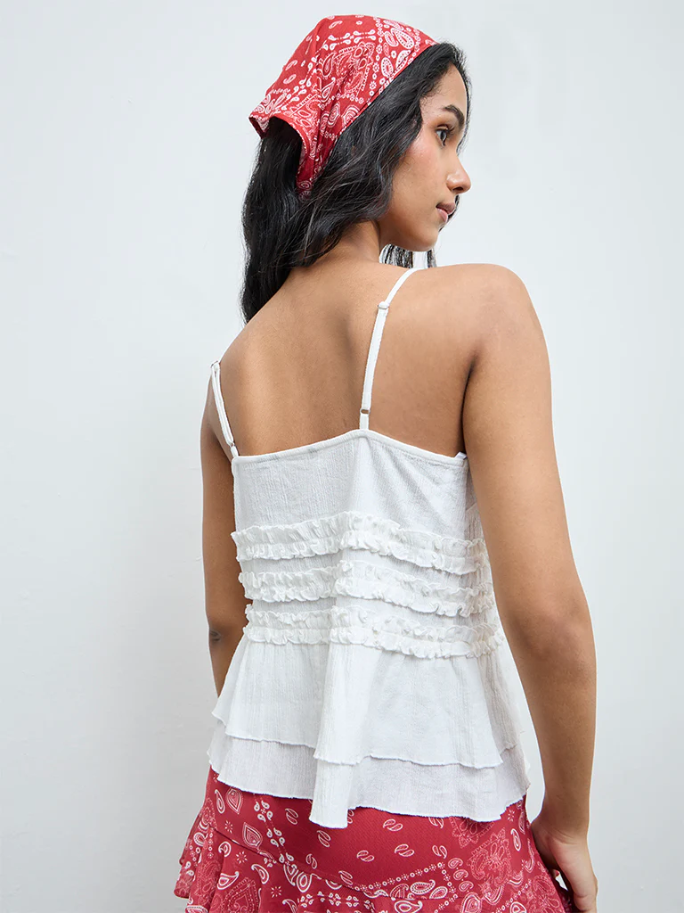 Nuon White Ruffled Tie-Up Cotton Top - Image 4