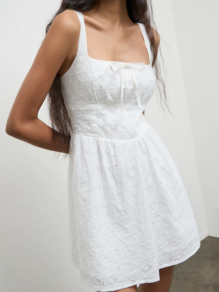 Nuon White Schiffli-Detailed Cotton A-Line Dress - Image 3