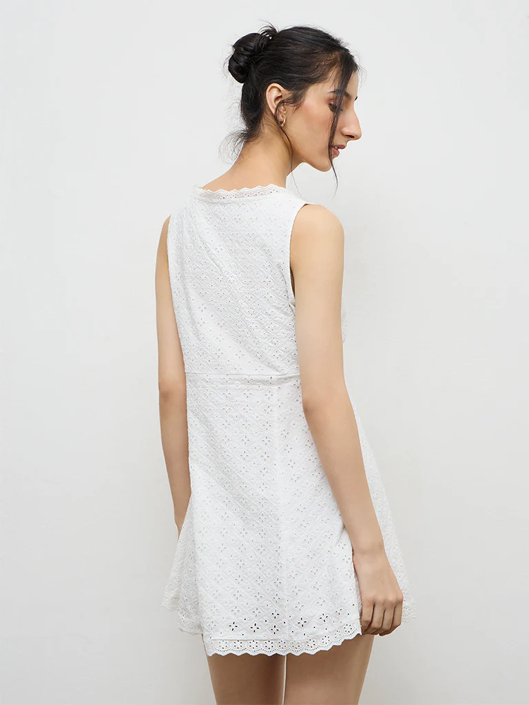 Nuon White Schiffli Embroidered Cotton A-Line Dress - Image 4