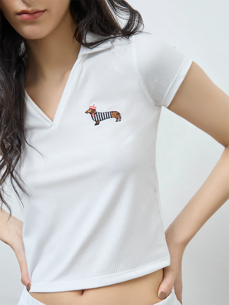 Nuon White Self-Striped Cotton T-Shirt - Image 3