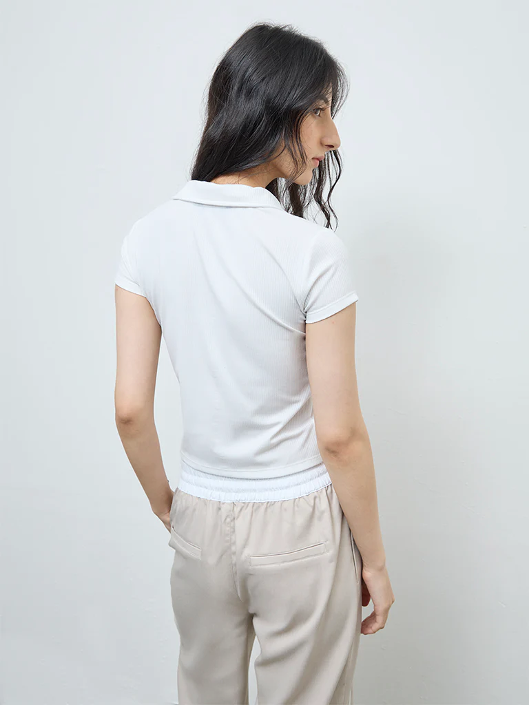 Nuon White Self-Striped Cotton T-Shirt - Image 4
