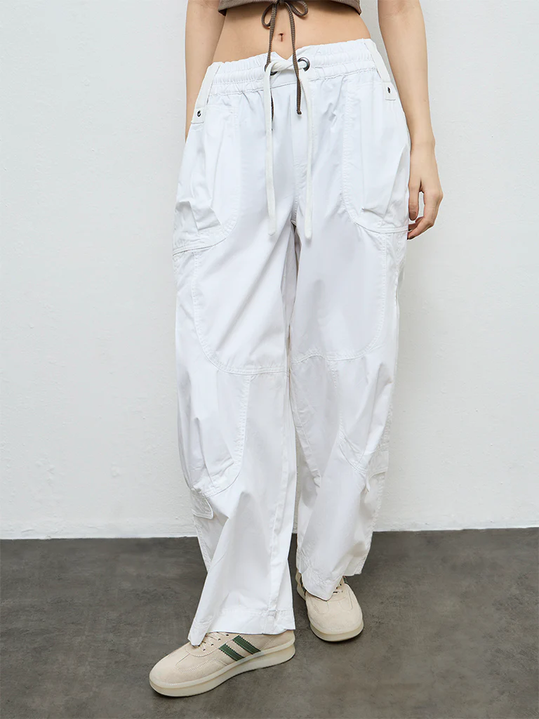Nuon White Solid High-Rise Cotton Cargo Pants - Image 2