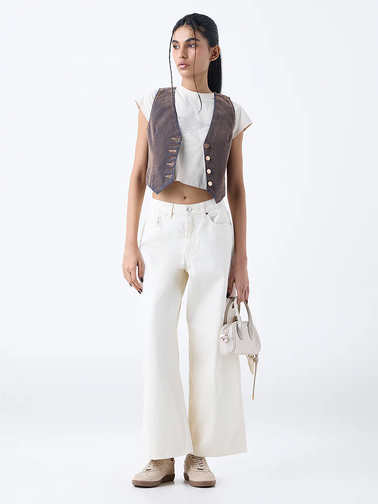 Nuon White Solid High-Rise Flared Jeans