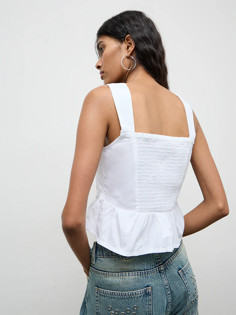 Nuon White Solid Pintuck Cotton-Blend Top - Image 4