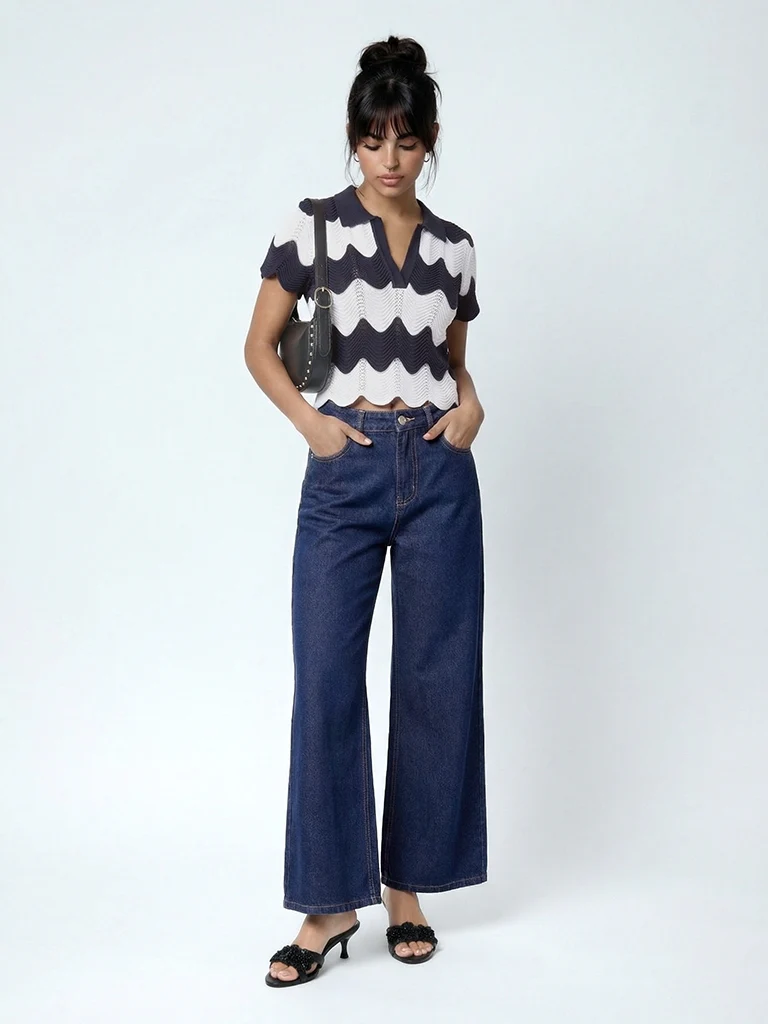 Nuon White Striped Knitted Cotton-Blend Top - Image 2