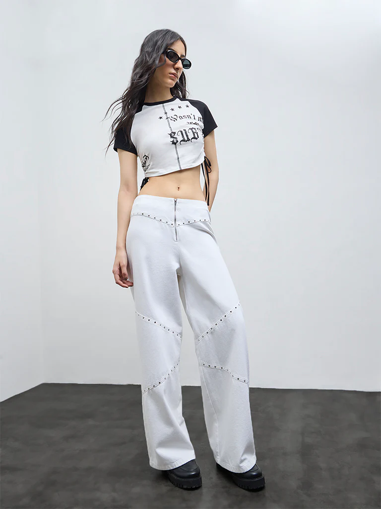 Nuon White Stud-Detailed Flared High-Rise Jeans