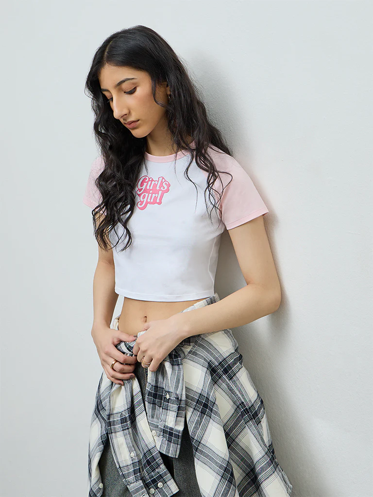 Nuon White Text Design Cotton-Blend Crop T-Shirt - Image 2