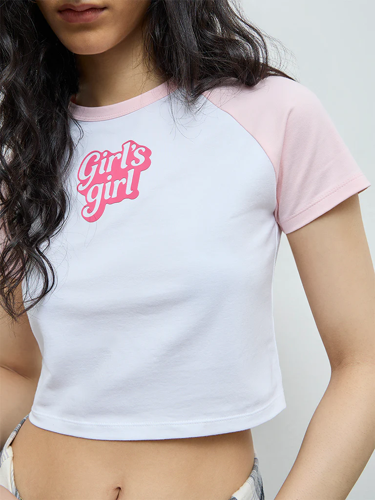 Nuon White Text Design Cotton-Blend Crop T-Shirt - Image 3