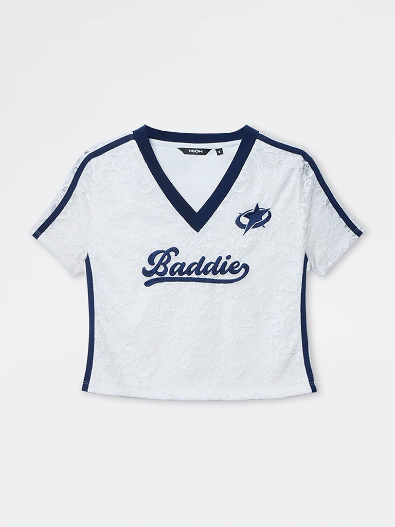Nuon White Text-Detailed Lace T-Shirt