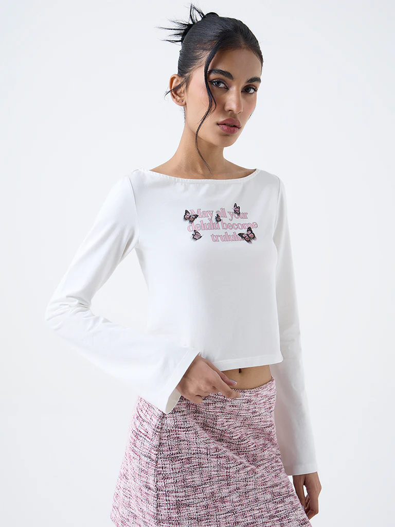 Nuon White Text Pattern Cotton-Blend T-Shirt