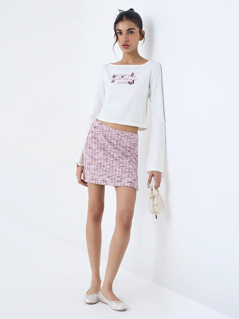 Nuon White Text Pattern Cotton-Blend T-Shirt - Image 2