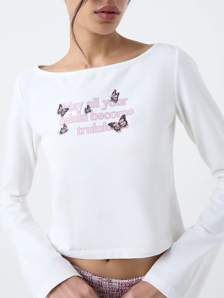 Nuon White Text Pattern Cotton-Blend T-Shirt - Image 3