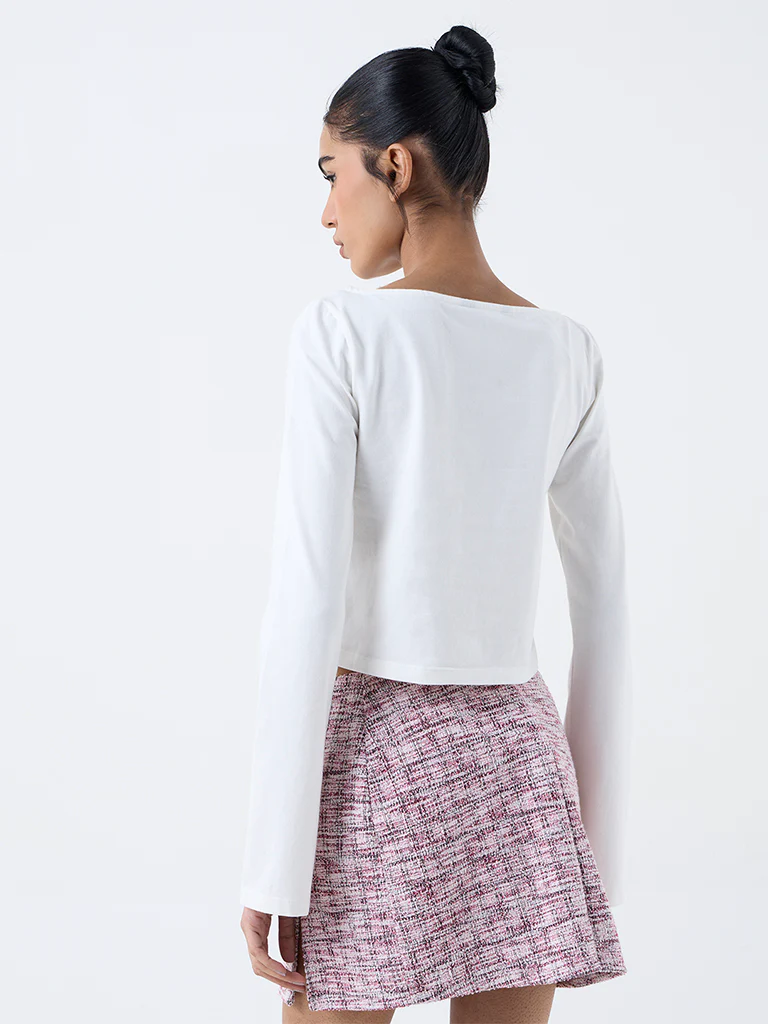 Nuon White Text Pattern Cotton-Blend T-Shirt - Image 4