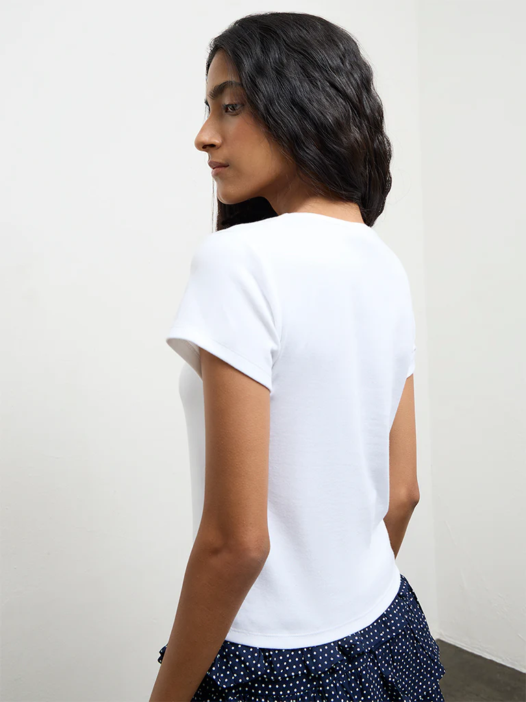 Nuon White Text Printed Cotton-Blend T-Shirt - Image 4